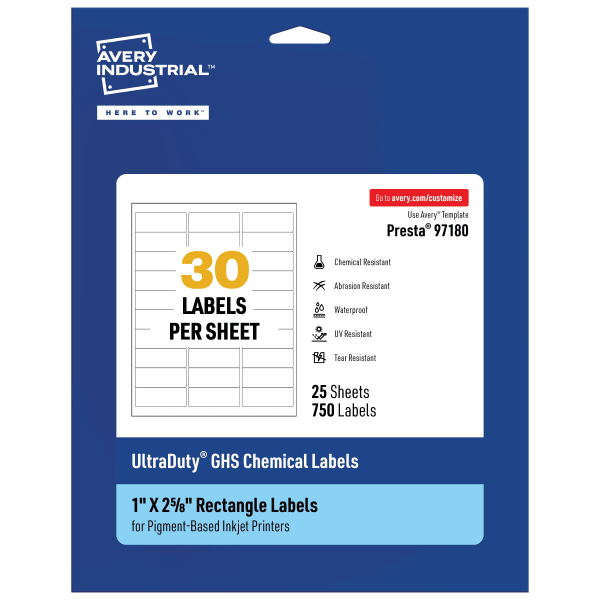 Avery Ultra Duty Permanent GHS Chemical Labels, 97180-WMUI25, Rectangle, 1in x 2-5/8in, White, Pack Of 750