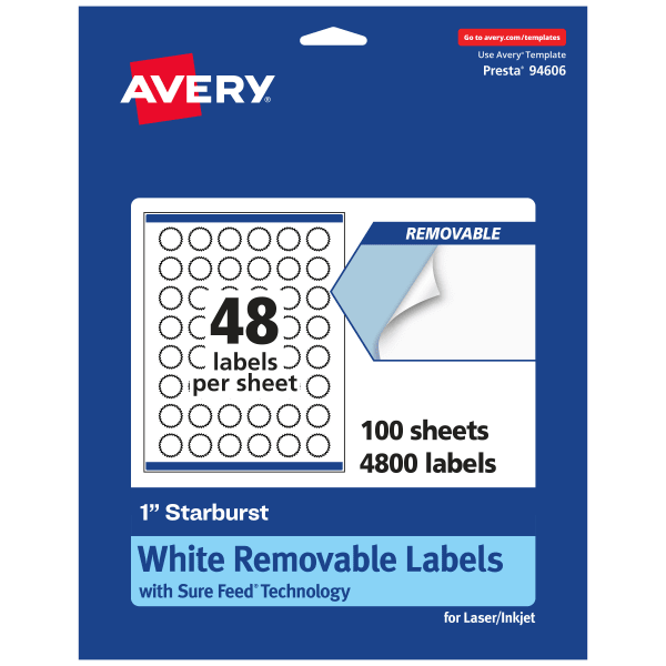 Avery Removable Labels With Sure Feed, 94606-RMP100, Starburst, 1in, White, Pack Of 4,800 Labels