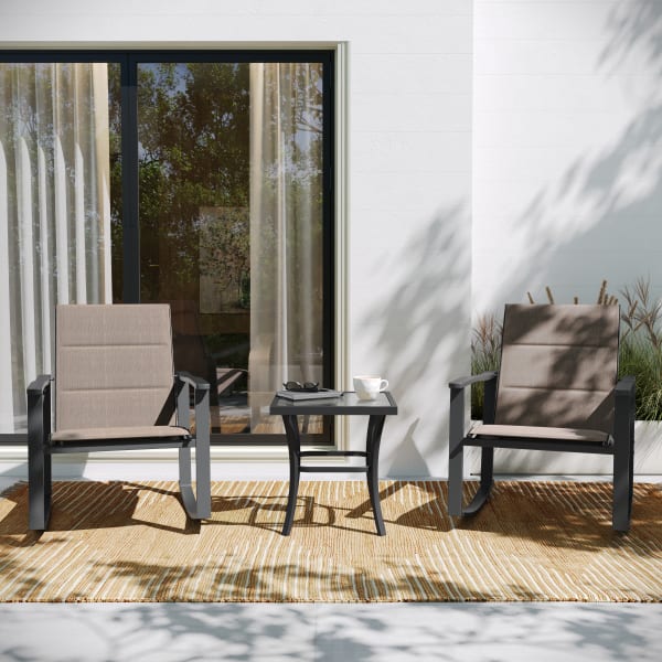 Flash Furniture Brazos 3-Piece Outdoor Rocking Chair Bistro Set With Flex Comfort Material And Metal-Framed Glass-Top Table, Brown