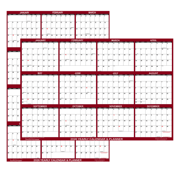 2026 SwiftGlimpse Yearly Reversible Erasable Wall Calendar, 18in x 24in, White/Maroon, January To December