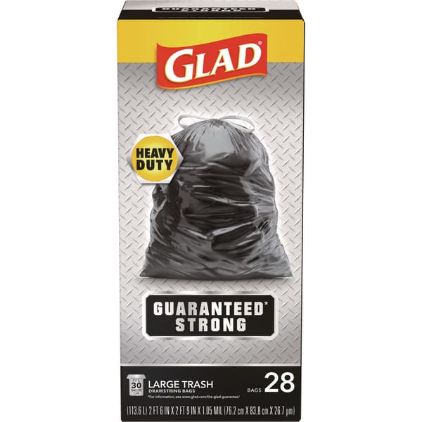 Glad Guaranteed Strong Large Drawstring Trash Bags, Three-Ply, 30 gal, 1.05 mil, 30 x 33, Black, 28 Bags/Box, 6 Boxes/Carton