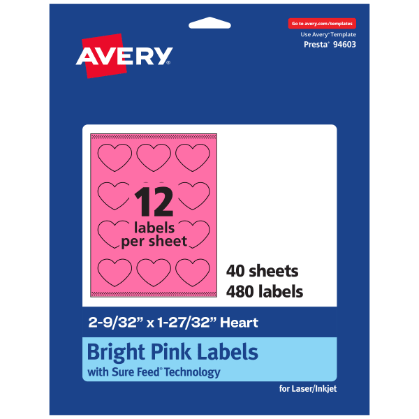 Avery Print-To-The-Edge Labels With Sure Feed Technology, 94603-BPP40, Heart, 2-9/32in x 1-27/32in, Matte Bright Pink, Pack of 480