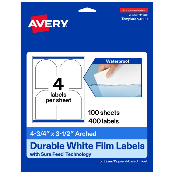 Avery Waterproof Permanent Labels With Sure Feed, 94600-WMF100, Arched, 4-3/4in x 3-1/2in, White, Pack Of 400