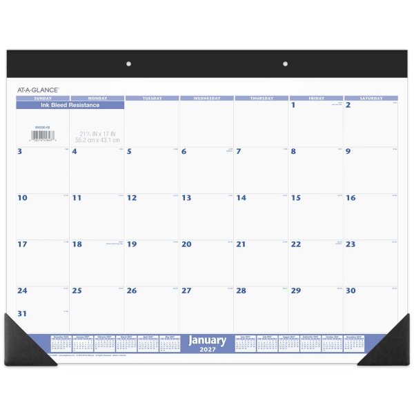 AT-A-GLANCE 2027 Monthly Desk Pad Calendar, Blue and Gray, Standard, 21 3/4in x 17in