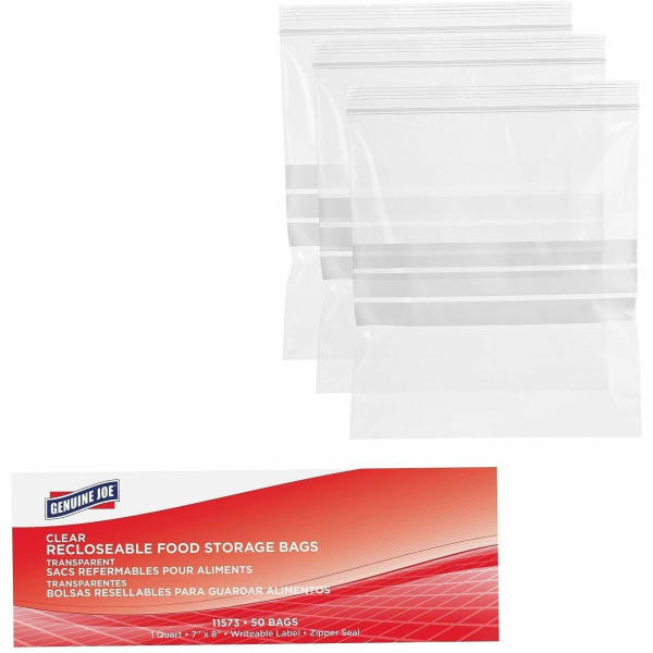 Genuine Joe Food Storage Bags - 1 quart Capacity - 7in Width x 8in Length x 1.75 mil (44 Micron) Thickness - Clear - Food, Beef, Seafood, Poultry, Vegetables - 50 / Box - 9 / Carton