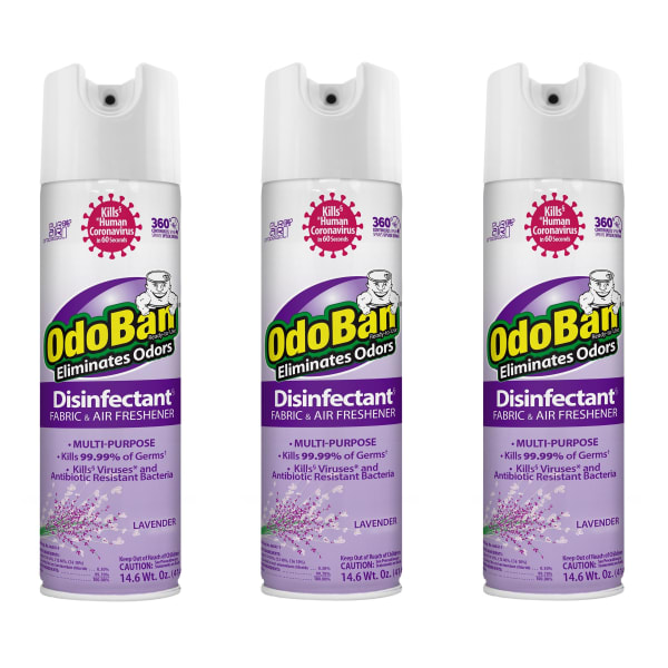 OdoBan Ready-to-Use 360-Degree Continuous Spray Disinfectant Cleaner and Odor Eliminator, Lavender Scent, 14.6 Oz, Set Of 3 Spray Cans