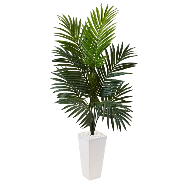 Nearly Natural 4-1/2ft Polyester Artificial Kentia Palm Tree with Tower Planter, Green/White