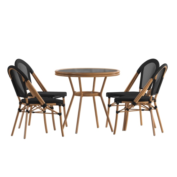 Flash Furniture Marseille Indoor/Outdoor Commercial Bistro 31.5in Table, Textilene, Glass Top with 4 Stack Chairs, Black Textilene/Natural Frame