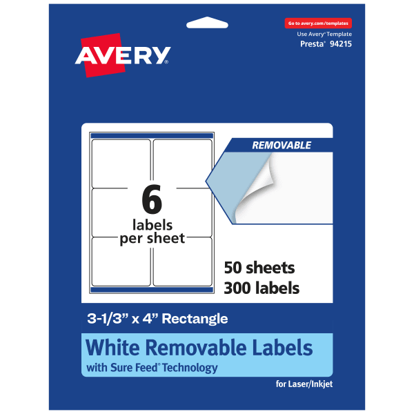Avery Removable Labels With Sure Feed, 94215-RMP50, Rectangle, 3-1/3in x 4in, White, Pack Of 300 Labels
