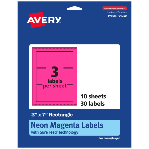 Avery Print-To-The-Edge Labels With Sure Feed Technology, 94250-NMP10, Rectangle, 3in x 7in, Matte Neon Magenta, Pack of 30