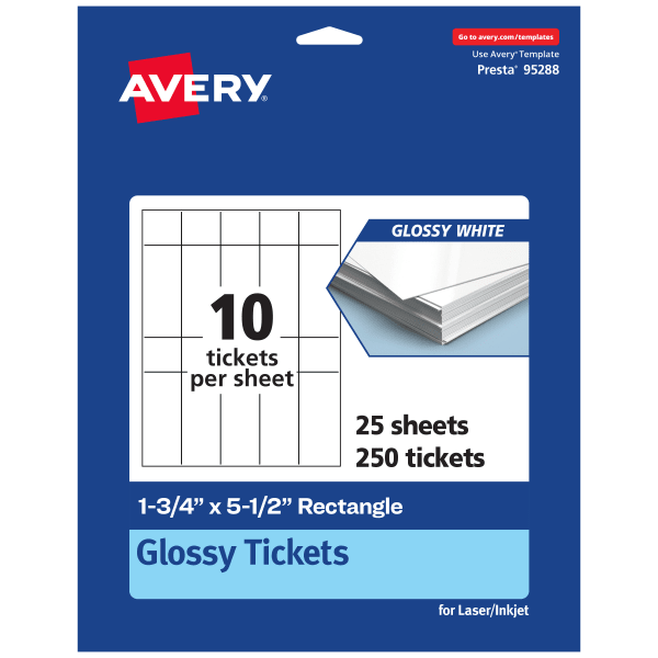 Avery Printable Tickets, 1.75inx5.5in, Glossy White, Pack Of 250