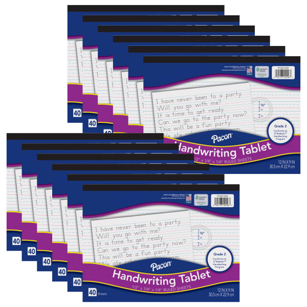 Pacon Handwriting Tablets, 9in x 12in, White, 40 Sheets Per Tablet, Pack Of 12 Tablets