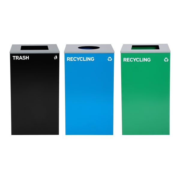 Alpine Industries Stainless-Steel Open Top Recycling And Trash Can Set With Square And Circle Lids, 29 Gallons, 30inH x 16-15/16inW x 16-15/16inD, Black/Blue/Green, Set Of 3 Trash Cans