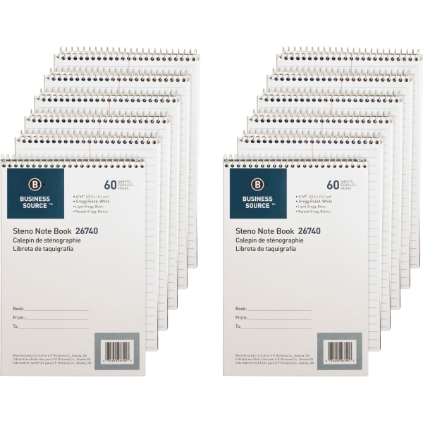 Business Source Steno Notebook - 60 Sheets - Wire Bound - Gregg Ruled Margin - 15 lb Basis Weight - 6in x 9in Sheet Size - White Paper - Stiff-back - 12 / Pack