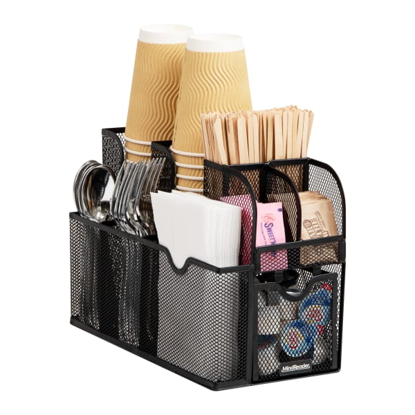 Mind Reader Cup and Condiment Station, Metal, 11-1/2inH x 11inW x 5-3/4inL, Black