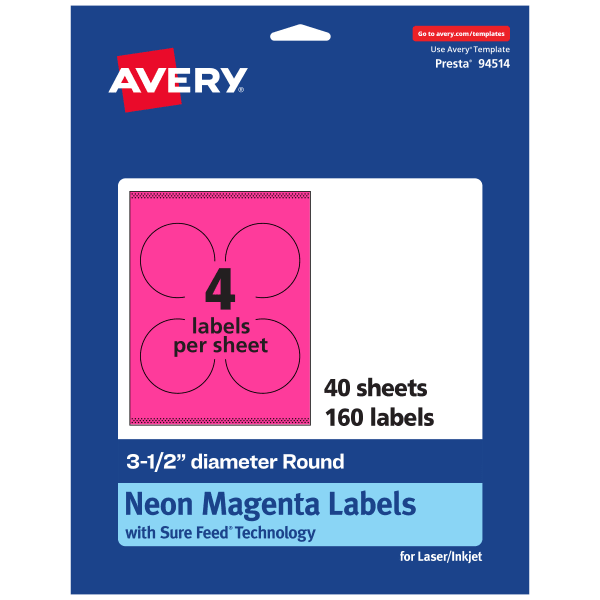 Avery Print-To-The-Edge Labels With Sure Feed Technology, 94514-NMP40, Round, 3-1/2in, Matte Neon Magenta, Pack of 160