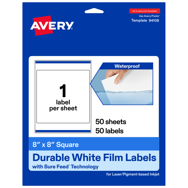 Avery Waterproof Permanent Labels With Sure Feed, 94108-WMF50, Square, 8in x 8in, White, Pack Of 50