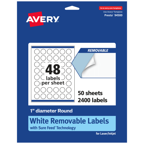 Avery Removable Labels With Sure Feed, 94500-RMP50, Round, 1in Diameter, White, Pack Of 2,400 Labels
