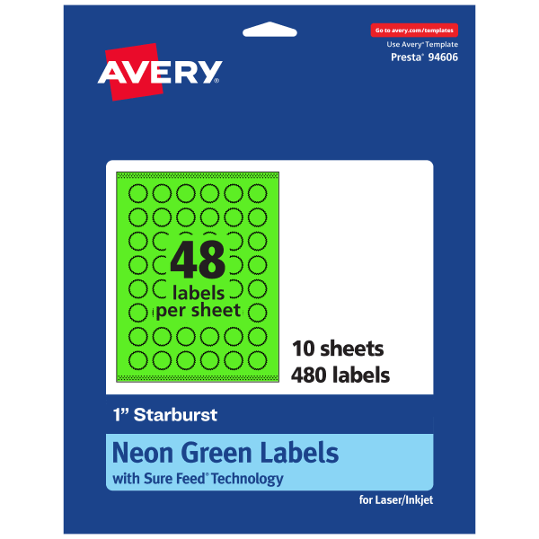 Avery Print-To-The-Edge Labels With Sure Feed Technology, 94606-NGP10, Starburst, 1in, Matte Neon Green, Pack of 480