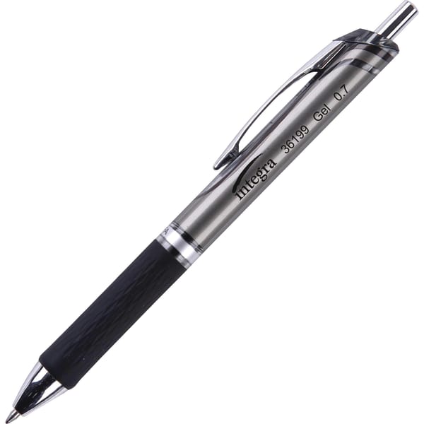 Integra Retractable Gel Ink Pens, Medium Point, 0.7 mm, Silver Barrel, Black Ink, Pack Of 12 Pens