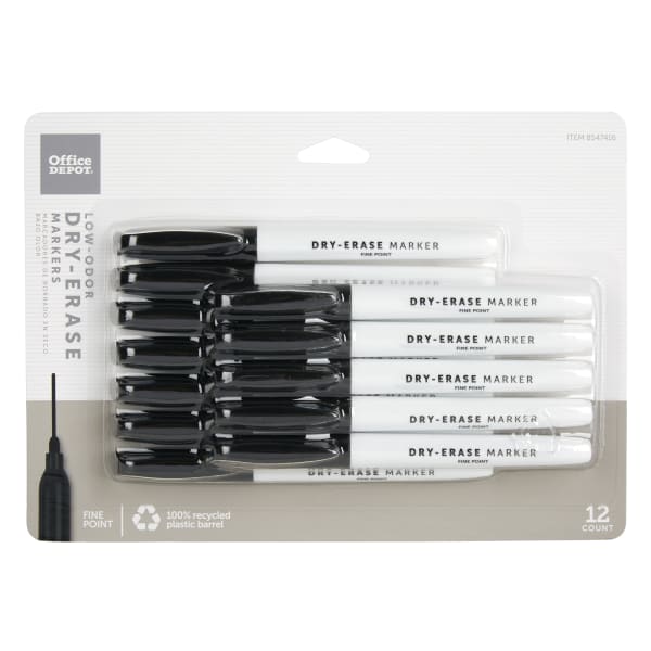 Office Depot Brand Low-Odor Pen-Style Dry-Erase Markers, Fine Point, 100% Recycled Plastic Barrel, Black Ink, Pack Of 12
