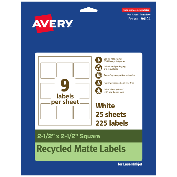 Avery Recycled Paper Labels, 94104-EWMP25, Square, 2-1/2in x 2-1/2in, White, Pack Of 225