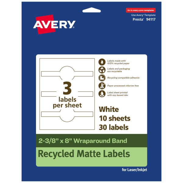 Avery Recycled Paper Labels, 94117-EWMP10, Cigar, 2-3/8in x 8in, White, Pack Of 30