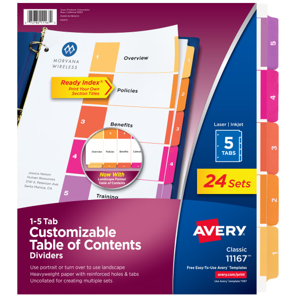 Avery Ready Index 1-5 Tab Binder Dividers With Customizable Table of Contents, 8-1/2in x 11in, 5 Tab, White/Multicolor, Box Of 24 Sets