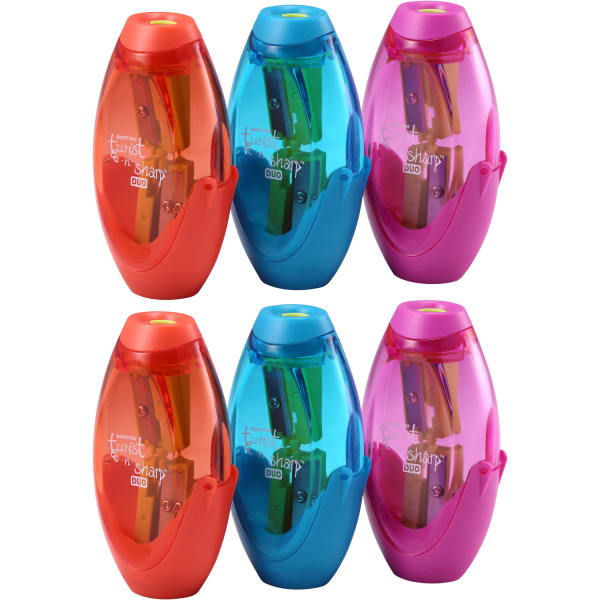 Bostitch Twist-N-Sharp Duo 2-Hole Pencil Sharpeners, Assorted Colors, Pack Of 6 Sharpeners