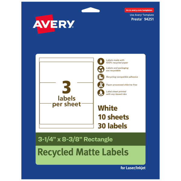 Avery Recycled Paper Labels, 94251-EWMP10, Rectangle, 3-1/4in x 8-3/8in, White, Pack Of 30