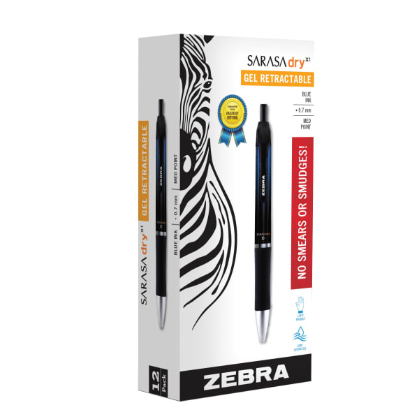 Zebra Pen SARASA Dry X1 Retractable Gel Pens, Pack Of 12, Medium Point, 0.7 mm, Blue Barrel, Blue Ink