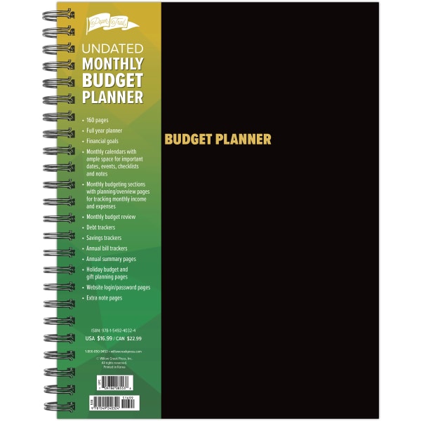 Willow Creek Press 12-Month Undated Budget/Finance Monthly Tracker Planner, 8-1/2in x 11in, Black