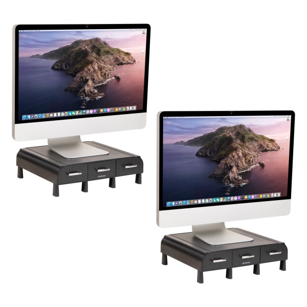 Mind Reader Monitor Stand 3 Storage Drawers Desktop Organizers, 4inH x 13inW x 13-1/2inD, Black, Set of 2 Stands
