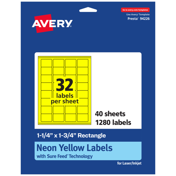 Avery Printable Labels With Sure Feed Technology, 94226-NYP40, Rectangle, 1-1/4in x 1-3/4in, Matte Neon Yellow, Pack of 1280
