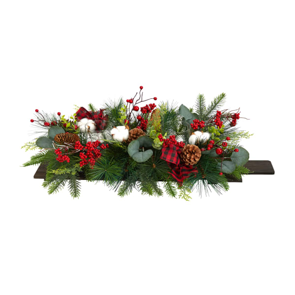Nearly Natural 7inH Holiday Berries, Pine Cones And Eucalyptus Christmas Artificial Arrangement, 7inH x 24inW x 12inD, Brown/Green