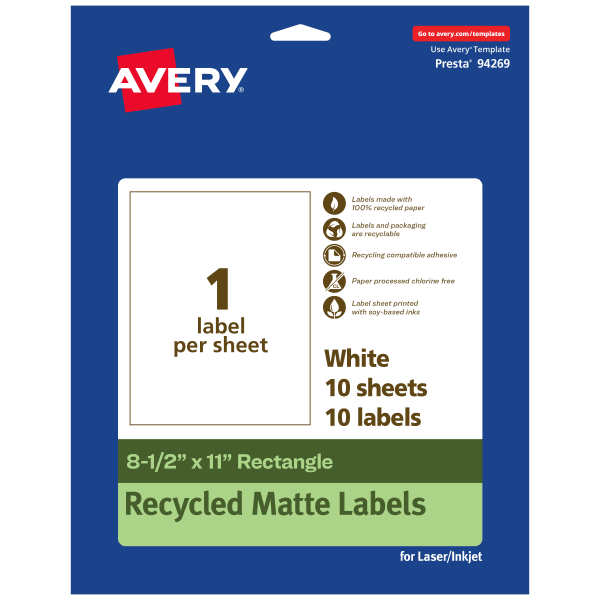 Avery Recycled Paper Labels, 94269-EWMP10, Rectangle, 8-1/2in x 11in, White, Pack Of 10
