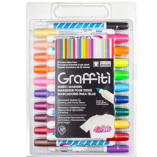 Marvy Uchida Graffiti Fabric Markers, Set Of 30 Markers, Medium Point, Assorted Colors