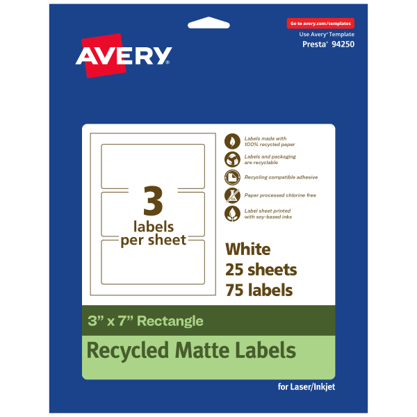 Avery Recycled Paper Labels, 94250-EWMP25, Rectangle, 3in x 7in, White, Pack Of 75