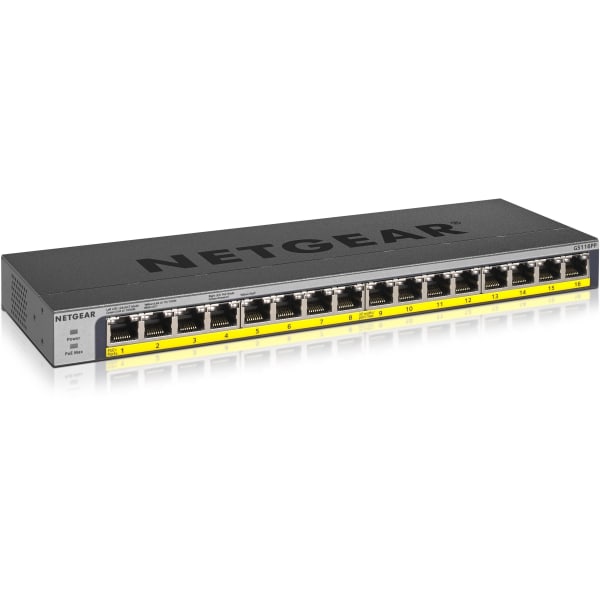 Netgear 16-Port 183W PoE/PoE+ Gigabit Ethernet Unmanaged Switch - 16 Ports - 2 Layer Supported - Twisted Pair - GS116PP100NAS