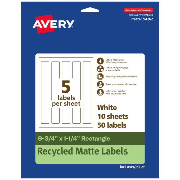 Avery Recycled Paper Labels, 94262-EWMP10, Rectangle, 9-3/4in x 1-1/4in, White, Pack Of 50