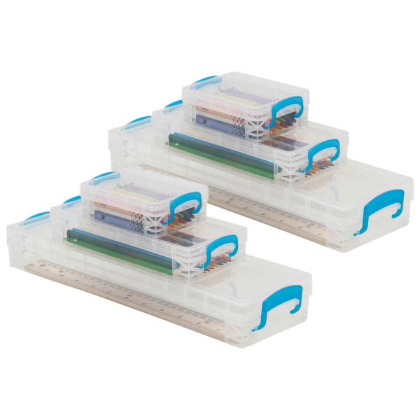 Super Stacker School Storage Kits, 4-1/2inH x 4-1/2inW x 14-1/4inD, Clear, 3 Boxes Per Kit, Set Of 2 Kits