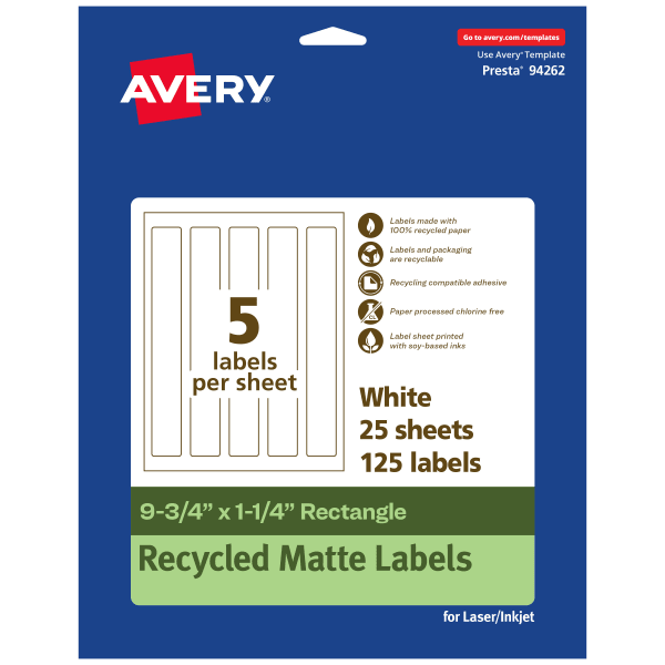Avery Recycled Paper Labels, 94262-EWMP25, Rectangle, 9-3/4in x 1-1/4in, White, Pack Of 125