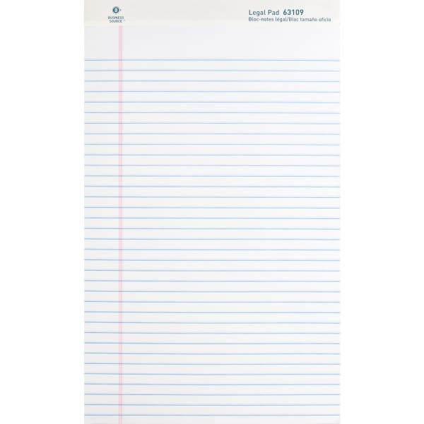 Business Source Writing Pads - 50 Sheets - 0.34in Ruled - 16 lb Basis Weight - Legal - 8 1/2in x 14in Sheet Size - White Paper - Micro Perforated, Easy Tear, Sturdy Back - 1 Dozen