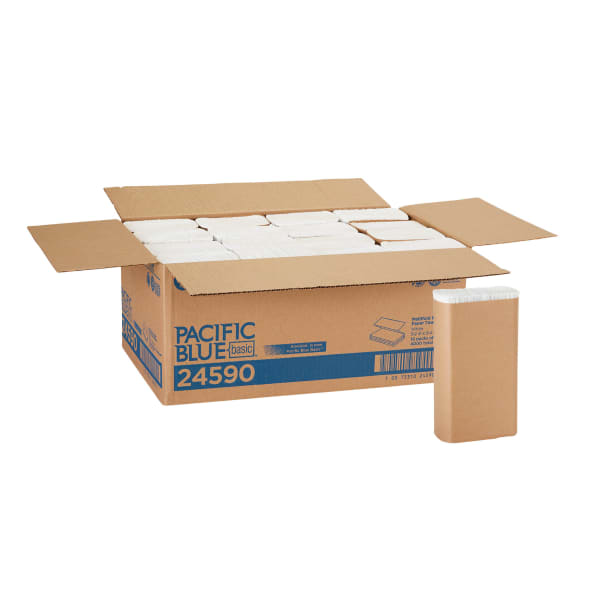 Pacific Blue Basic by GP PRO, 1-Ply, Multifold Paper Towels, 9.2in X 9.4in, 100% Recycled, White, 250 Sheets per Pack, 16 Packs Per Case