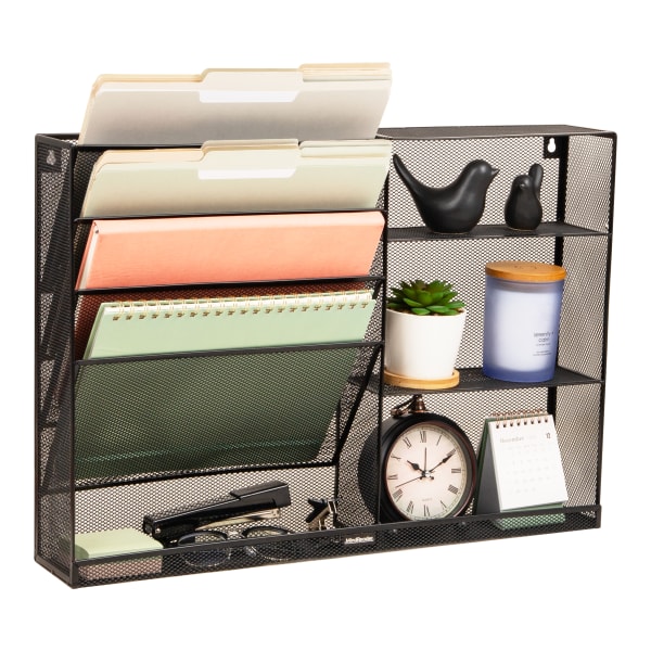 Mind Reader 4-Tier Wall Mount Vertical File Storage With Shelves, 16inH x 4inW x 22-1/2inD, Black