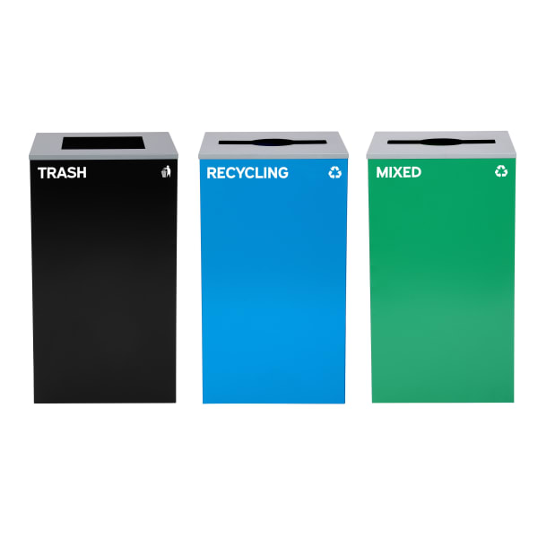Alpine Industries Stainless-Steel Open Top Mixed, Recycling And Trash Can Set With Square And Mixed Lids, 29 Gallons, 30inH x 16-15/16inW x 16-15/16inD, Black/Blue/Green, Set Of 3 Trash Cans