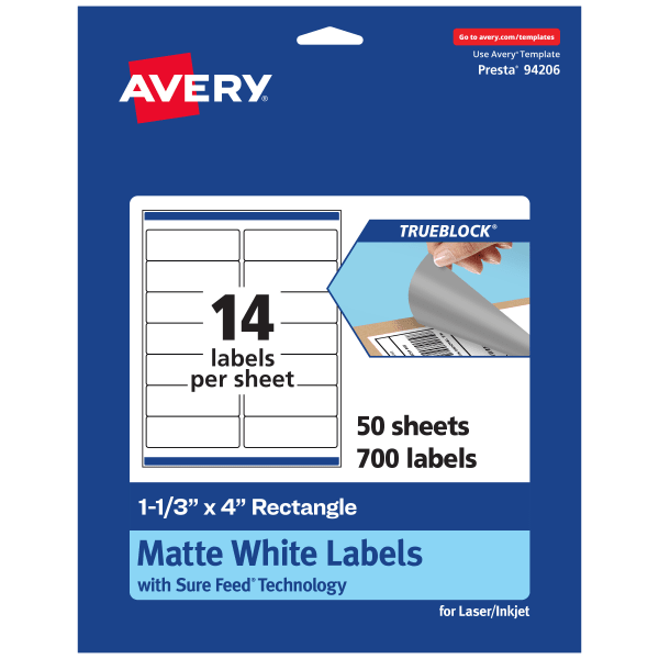 Avery TrueBlock Labels With Sure Feed, 94206-TWMP50, Rectangle, 1-1/3in x 4in, Matte White, Pack Of 700