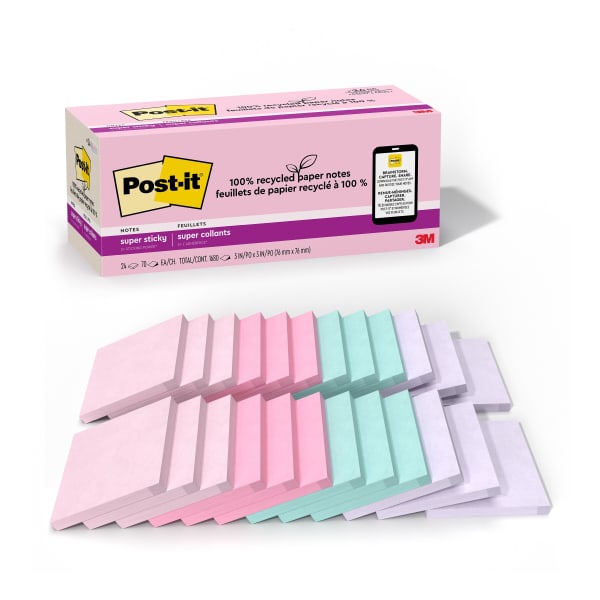 Post-it Super Sticky Recycled Notes, 24 Pads, 3 in x 3 in, 100% Recycled, 2x the Sticking Power, School Supplies and Office Products, Sticky Notes for Vertical Surfaces, Monitors, Walls and Windows, Wanderlust Pastels Collection