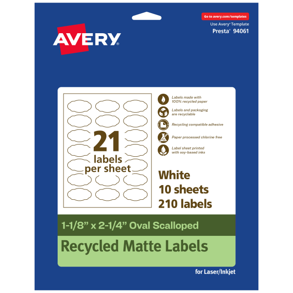 Avery Recycled Paper Labels, 94061-EWMP10, Oval Scalloped, 1-1/8in x 2-1/4in, White, Pack Of 210