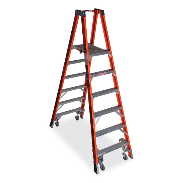Werner Reach Height Platform Ladder With Casters, 300 Lb Capacity, 12ft Reach, 96in x 26-11/16in x 10in, Orange/Red